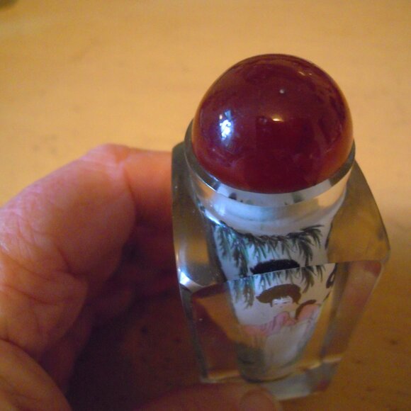 Vintage Chinese Japanese Reverse Hand Painted Snuff Perfume Glass Bottle w Lid - Picture 2 of 5